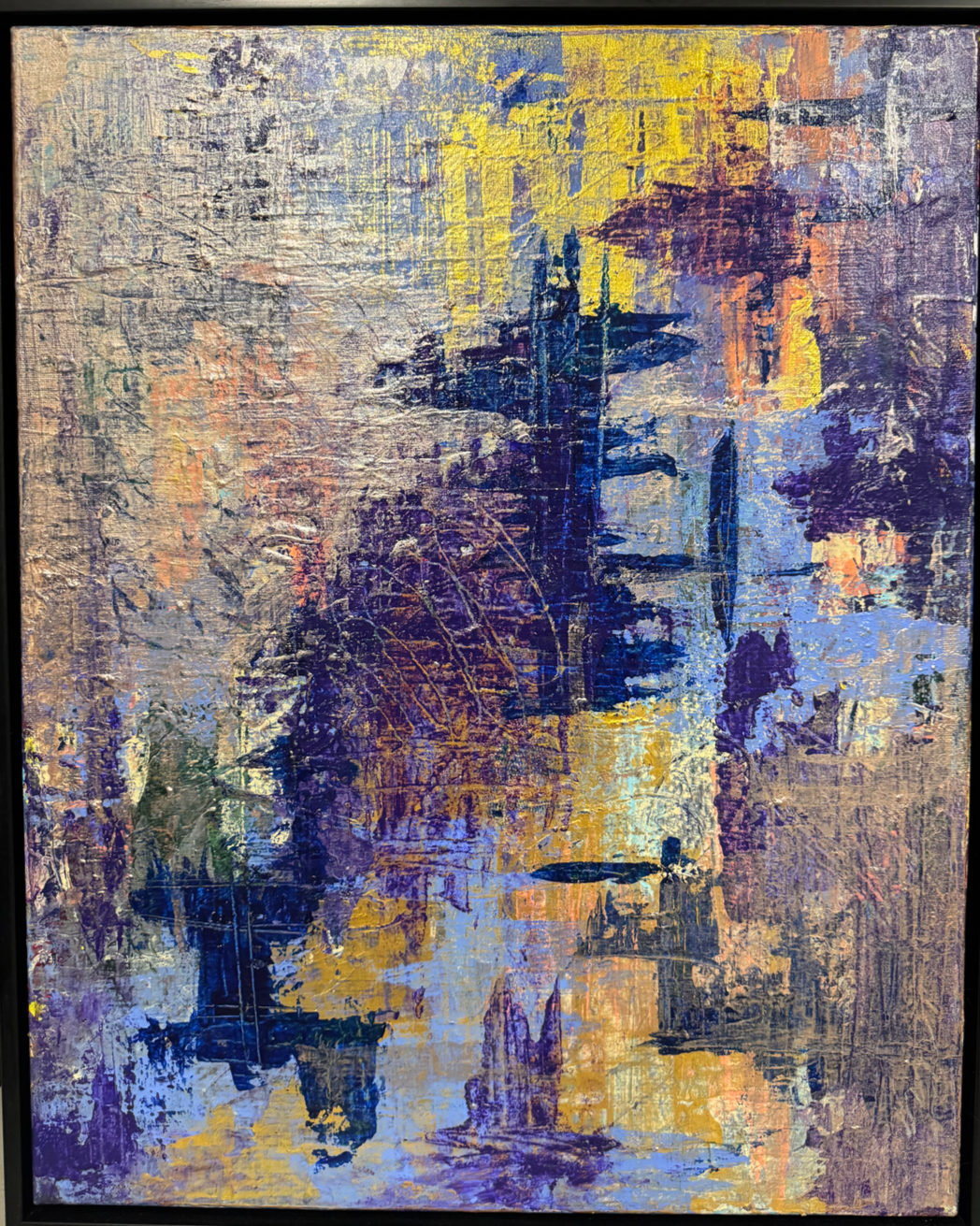 Winter Night, painting by Ed Rocha, deep blues and violet with gold light